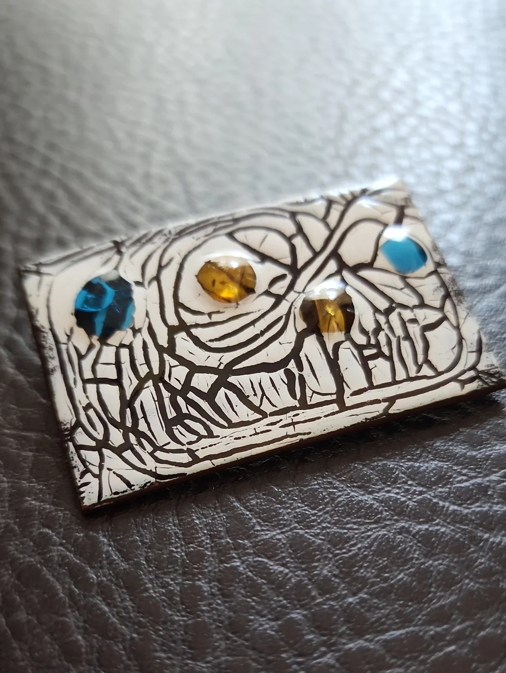 VTG White and Black Abstract Art Tile Brooch with Blue and Amber Accents
